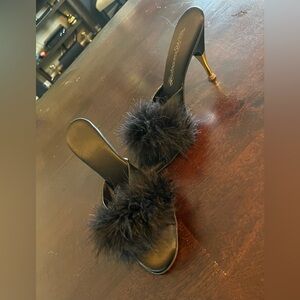 Vintage 90’s Black Marabou Slipper Metal Gold Heel Shoes Size 9